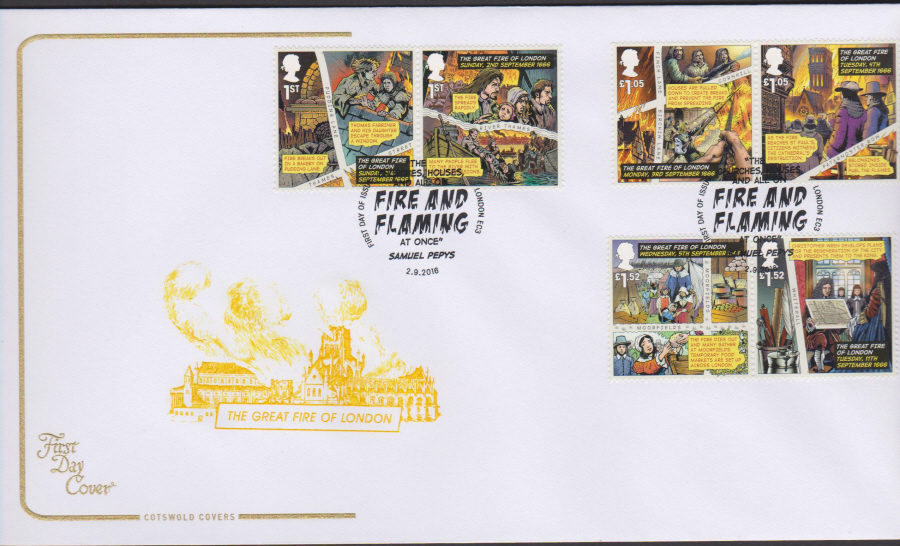 2016 - The Great Fire ,Cotswold First Day Cover, First Day of Issue Samuel Pepys London EC3 Postmark